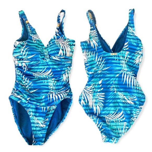 NEW RALPH LAUREN LRL Blue Striped Palm Slim One Piece Swimsuit 6 Beach Pool - Picture 1 of 6
